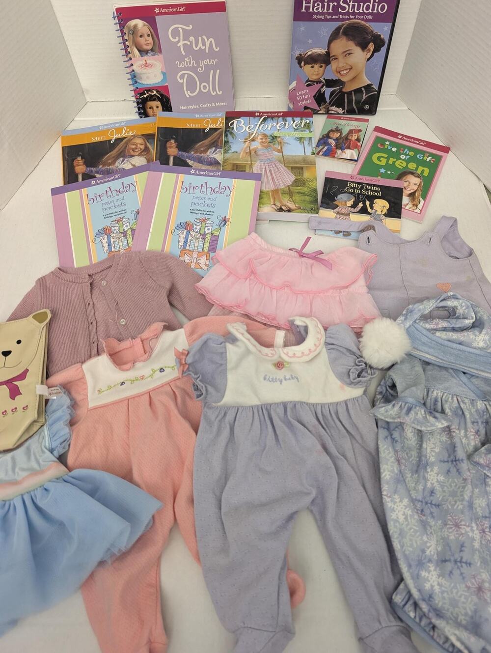 American Girl Bitty Baby Clothes Sleepers Rompers Books Hair Studio DVD Lot